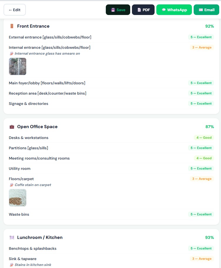 Masc Inspect app showing inspection scores per area